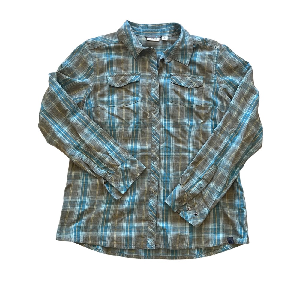 LL Bean Women's Lg Regular Flannel Plaid Snap Front Shirt Blue Brown Long Sleeve